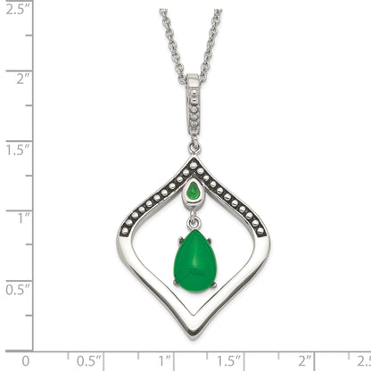 Stainless Steel Polished & Antiqued Synthetic Dyed Jade Cz W/2In Ext. Necklace