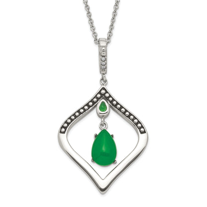 Stainless Steel Polished & Antiqued Synthetic Dyed Jade Cz W/2In Ext. Necklace