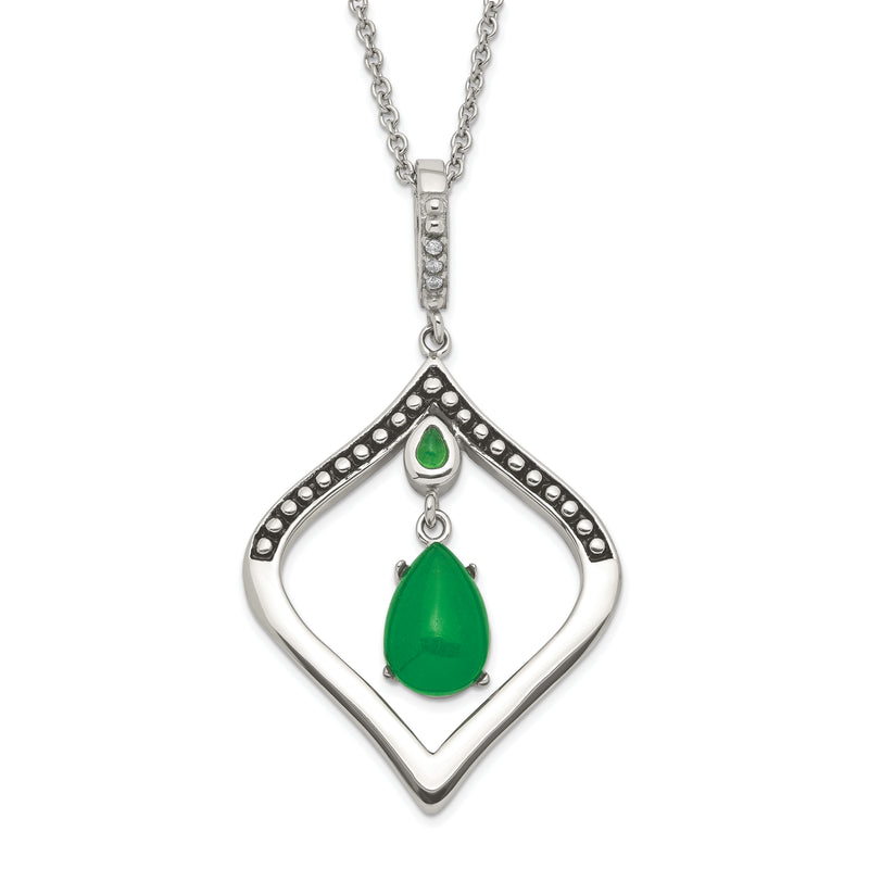 Stainless Steel Polished & Antiqued Synthetic Dyed Jade Cz W/2In Ext. Necklace