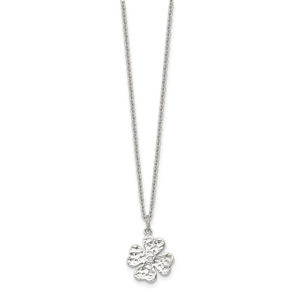 Stainless Steel Polished And Textured W/Crystal Four Leaf Clover Necklace