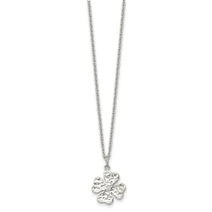 Stainless Steel Polished And Textured W/Crystal Four Leaf Clover Necklace