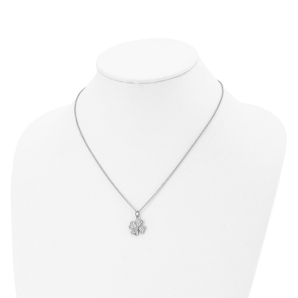 Stainless Steel Polished And Textured W/Crystal Four Leaf Clover Necklace