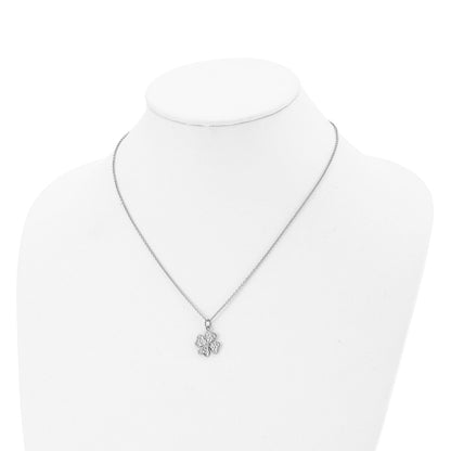 Stainless Steel Polished And Textured W/Crystal Four Leaf Clover Necklace