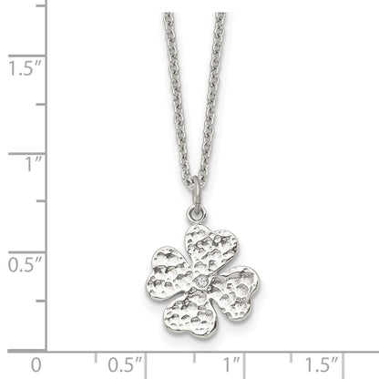 Stainless Steel Polished And Textured W/Crystal Four Leaf Clover Necklace