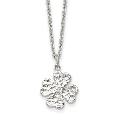 Stainless Steel Polished And Textured W/Crystal Four Leaf Clover Necklace