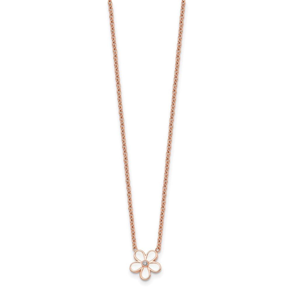 Stainless Steel Polished Rose Ip-Plated/Enameled Flower W/Cz Necklace