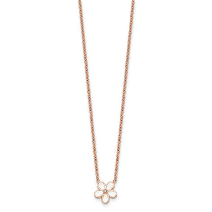 Stainless Steel Polished Rose Ip-Plated/Enameled Flower W/Cz Necklace