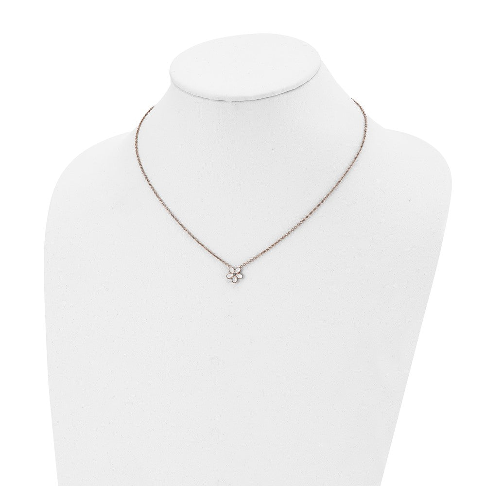 Stainless Steel Polished Rose Ip-Plated/Enameled Flower W/Cz Necklace