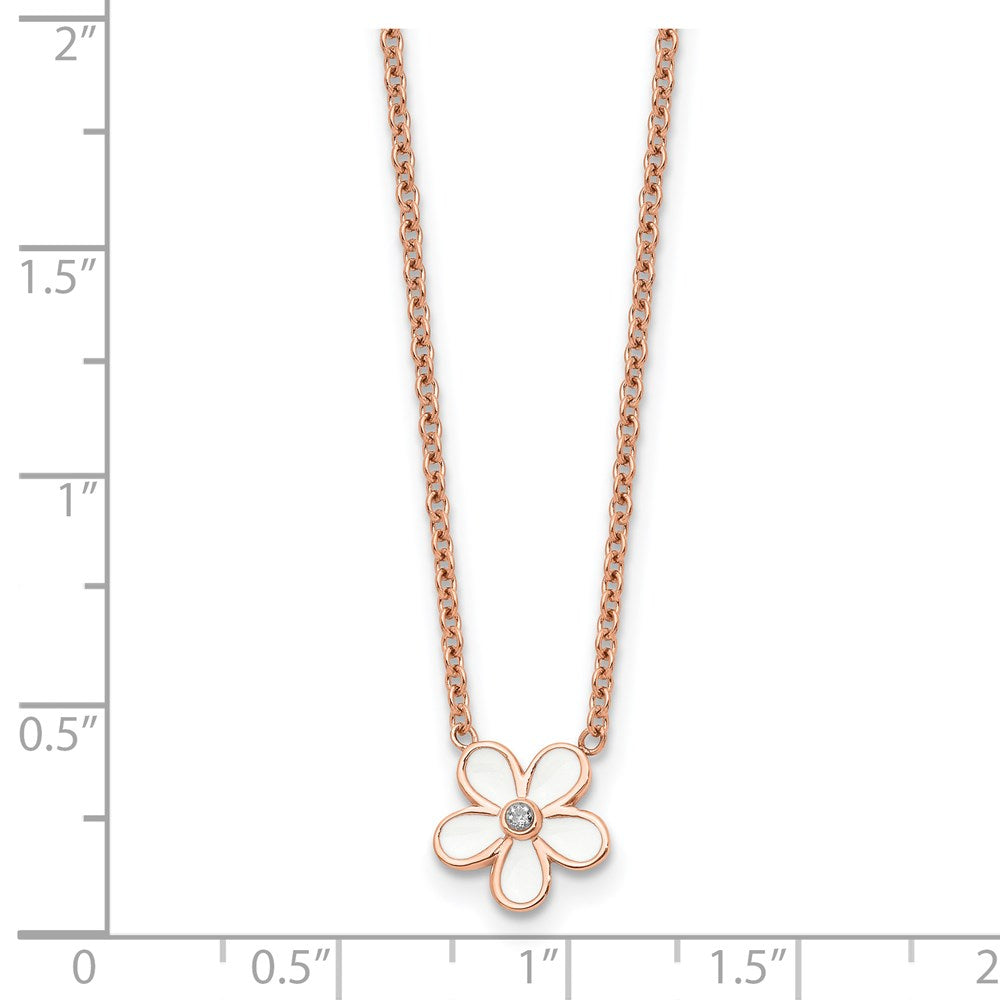 Stainless Steel Polished Rose Ip-Plated/Enameled Flower W/Cz Necklace