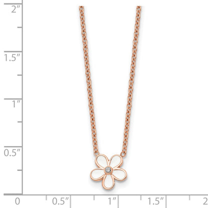 Stainless Steel Polished Rose Ip-Plated/Enameled Flower W/Cz Necklace