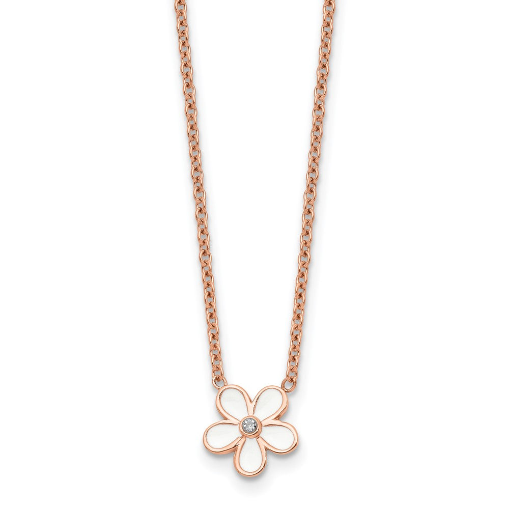 Stainless Steel Polished Rose Ip-Plated/Enameled Flower W/Cz Necklace