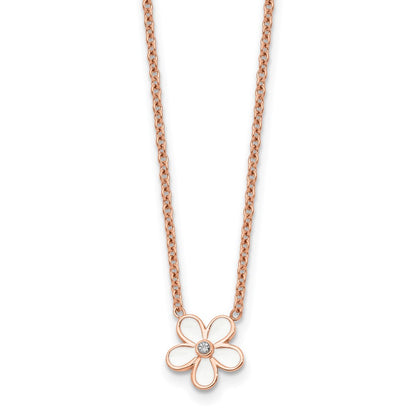 Stainless Steel Polished Rose Ip-Plated/Enameled Flower W/Cz Necklace
