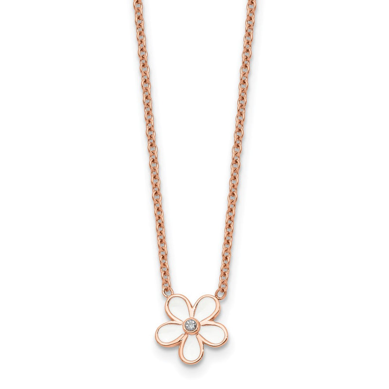 Stainless Steel Polished Rose Ip-Plated/Enameled Flower W/Cz Necklace