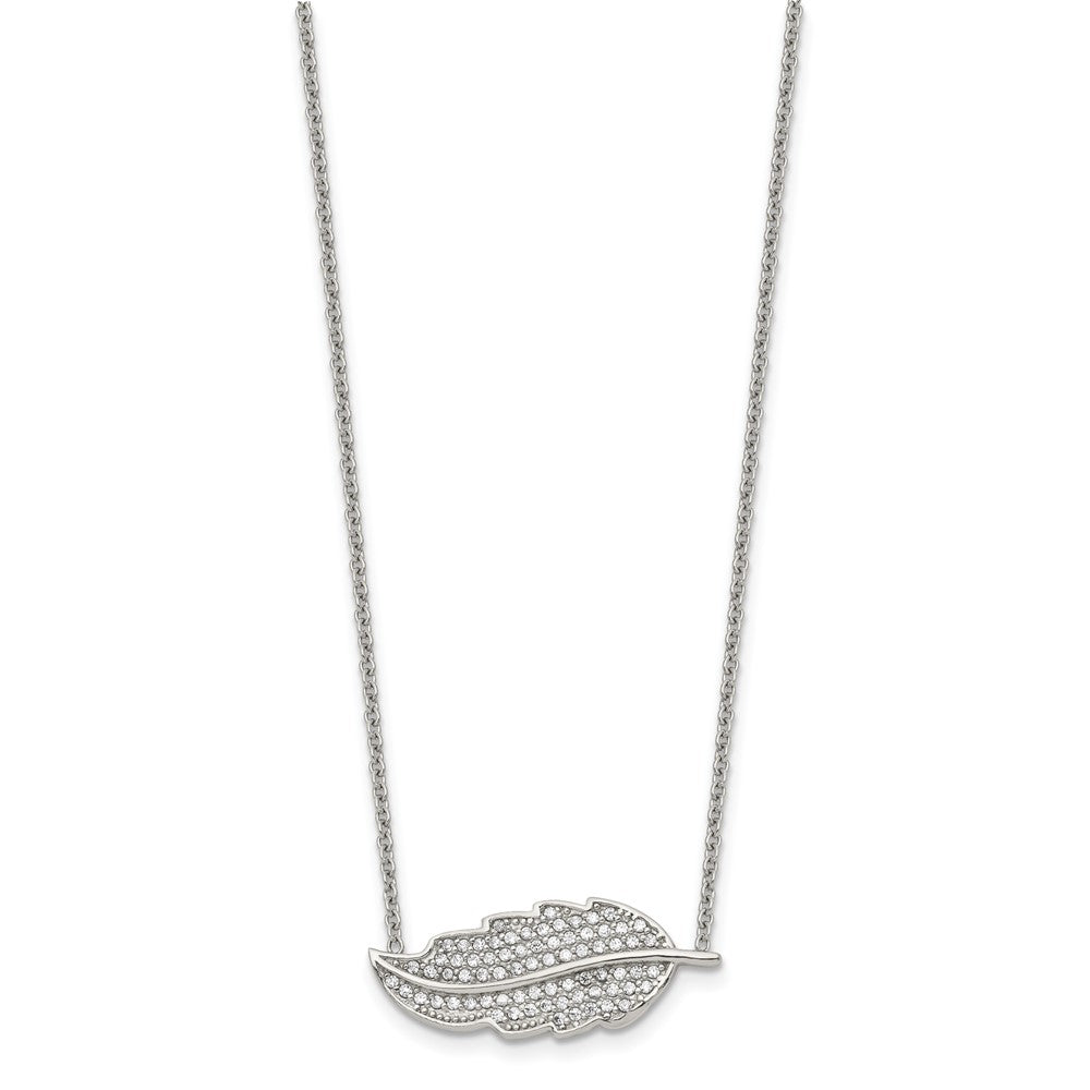 Stainless Steel Polished W/Cz Leaf 18In Necklace