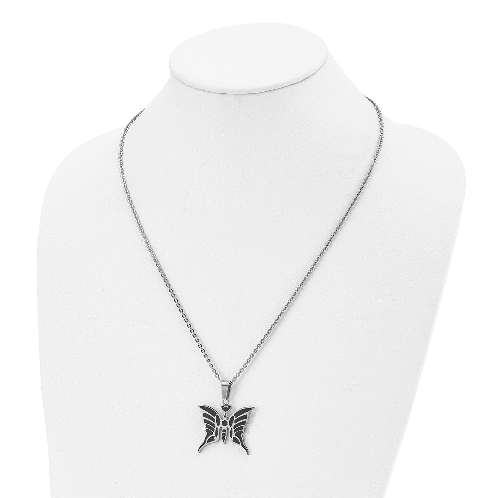 Stainless Steel Polished Enameled Butterfly 20In Necklace