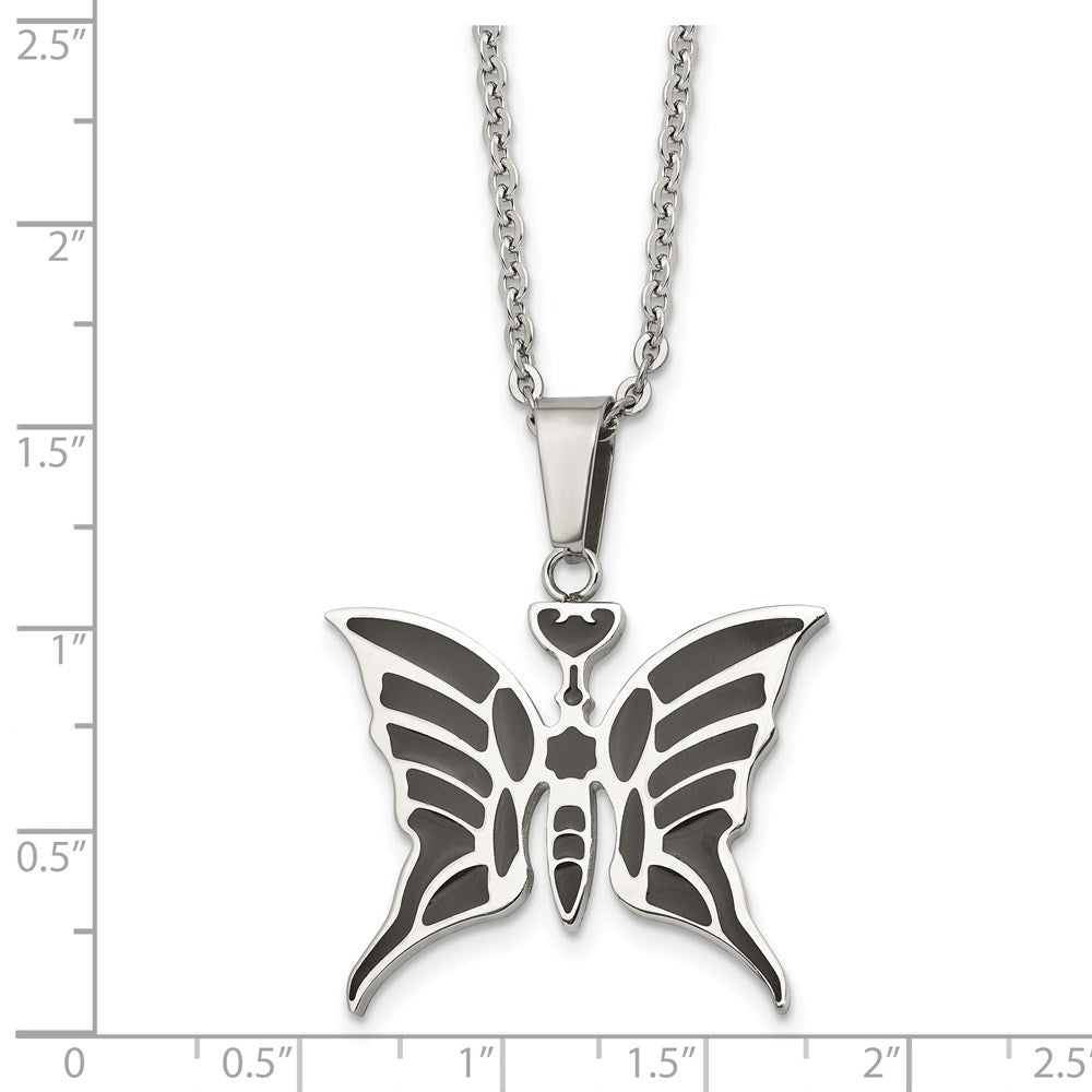 Stainless Steel Polished Enameled Butterfly 20In Necklace