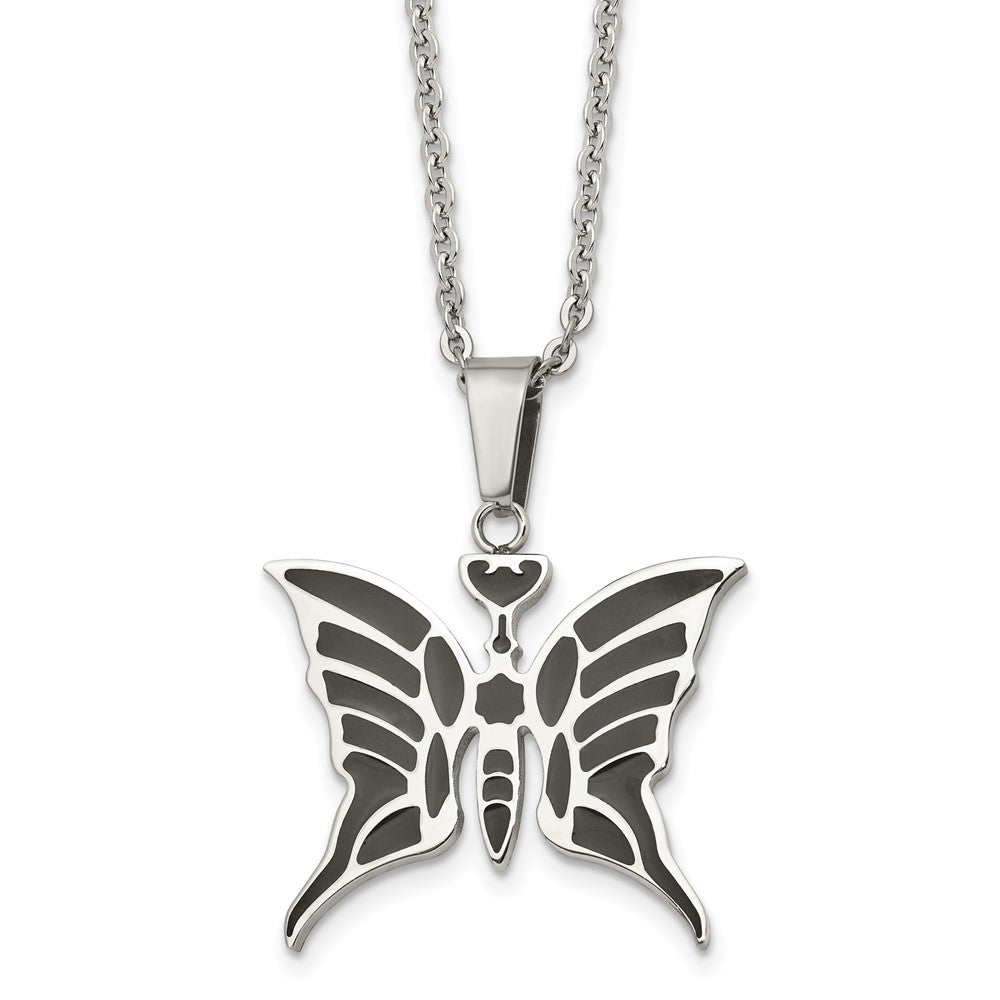 Stainless Steel Polished Enameled Butterfly 20In Necklace