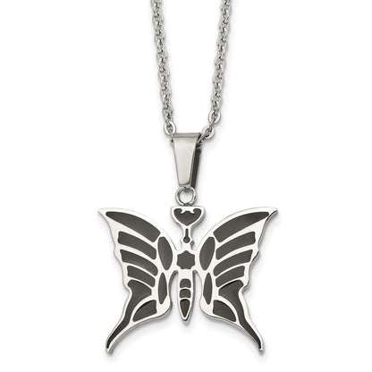 Stainless Steel Polished Enameled Butterfly 20In Necklace