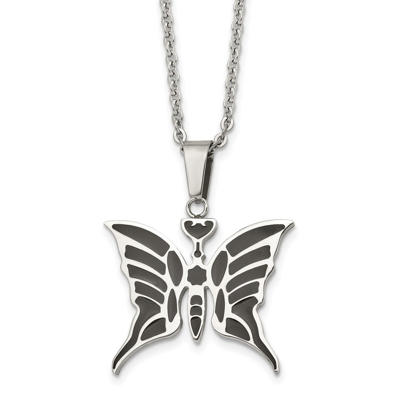 Stainless Steel Polished Enameled Butterfly 20In Necklace
