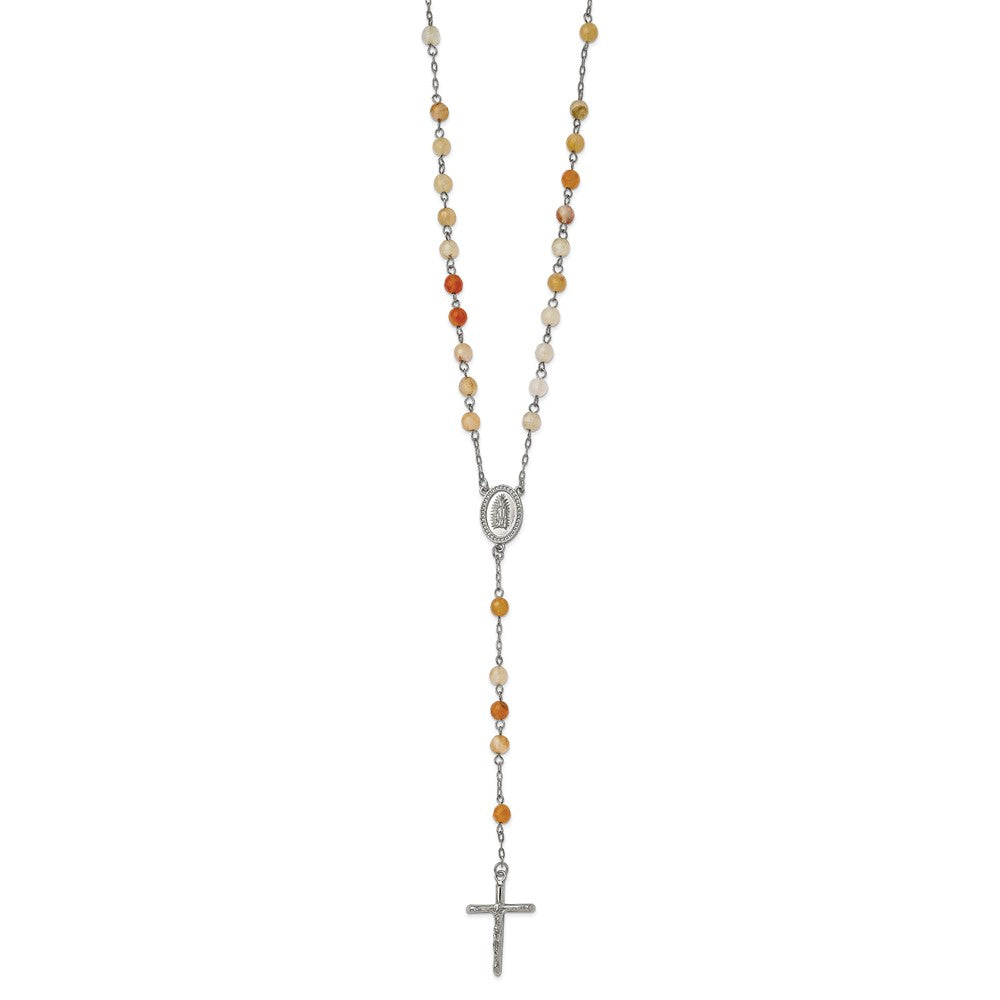Stainless Steel Chisel Polished With Agate Beads 31 Inch Rosary Necklace