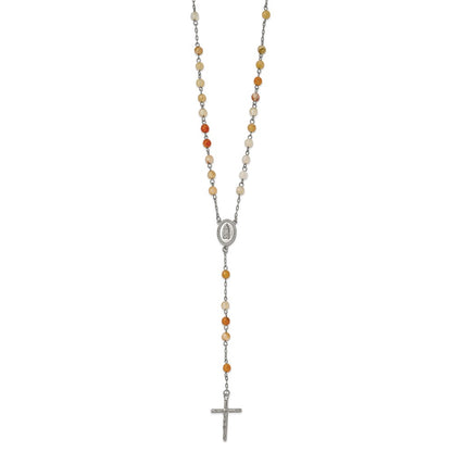 Stainless Steel Chisel Polished With Agate Beads 31 Inch Rosary Necklace