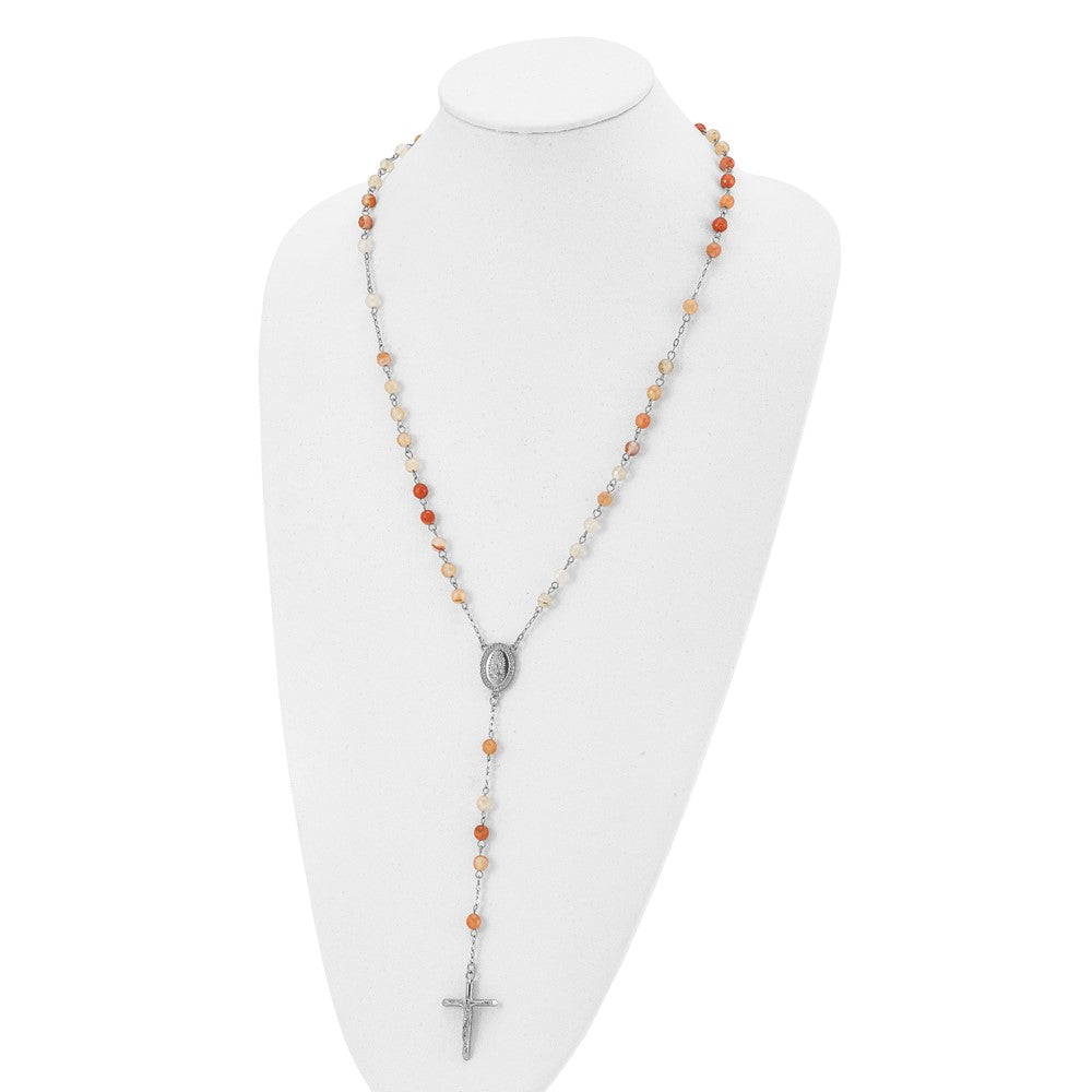 Stainless Steel Chisel Polished With Agate Beads 31 Inch Rosary Necklace