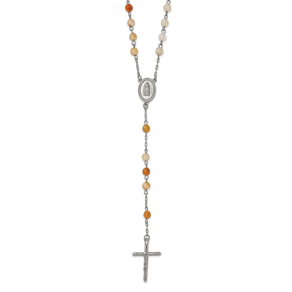 Stainless Steel Chisel Polished With Agate Beads 31 Inch Rosary Necklace
