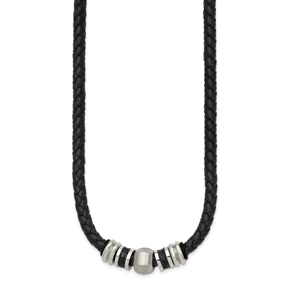 Stainless Steel Chisel Brushed And Polished Black Leather Rubber 19 Inch Necklace