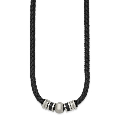 Stainless Steel Chisel Brushed And Polished Black Leather Rubber 19 Inch Necklace