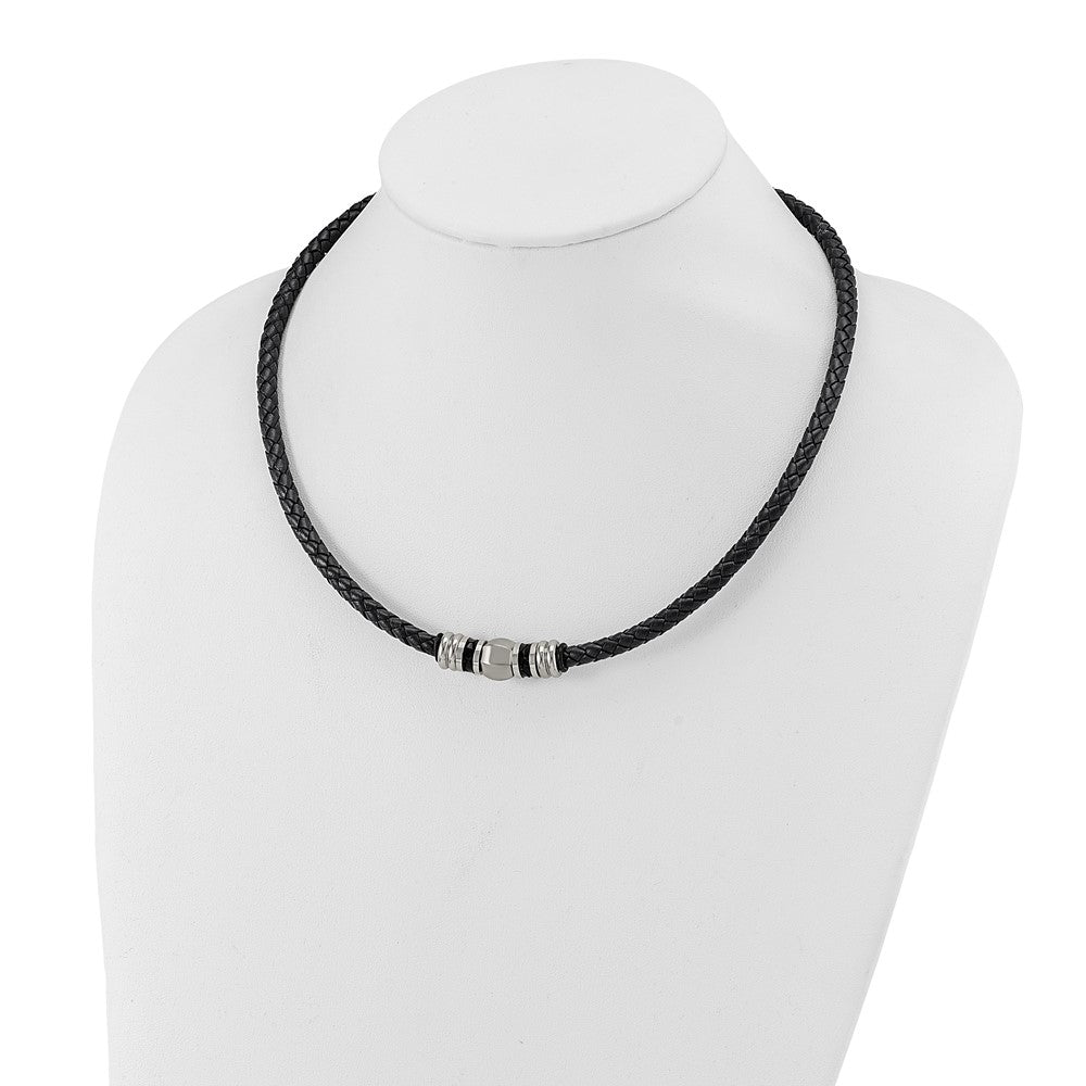 Stainless Steel Chisel Brushed And Polished Black Leather Rubber 19 Inch Necklace