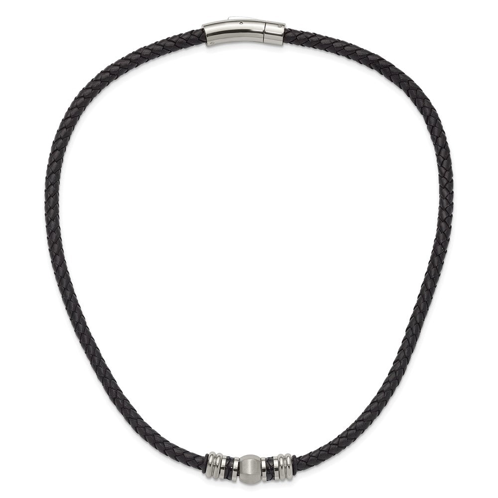 Stainless Steel Chisel Brushed And Polished Black Leather Rubber 19 Inch Necklace