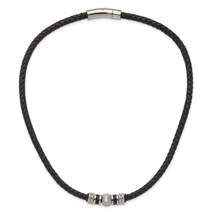 Stainless Steel Chisel Brushed And Polished Black Leather Rubber 19 Inch Necklace