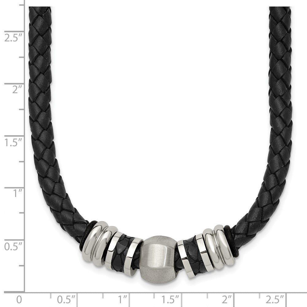 Stainless Steel Chisel Brushed And Polished Black Leather Rubber 19 Inch Necklace