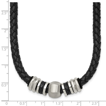 Stainless Steel Chisel Brushed And Polished Black Leather Rubber 19 Inch Necklace