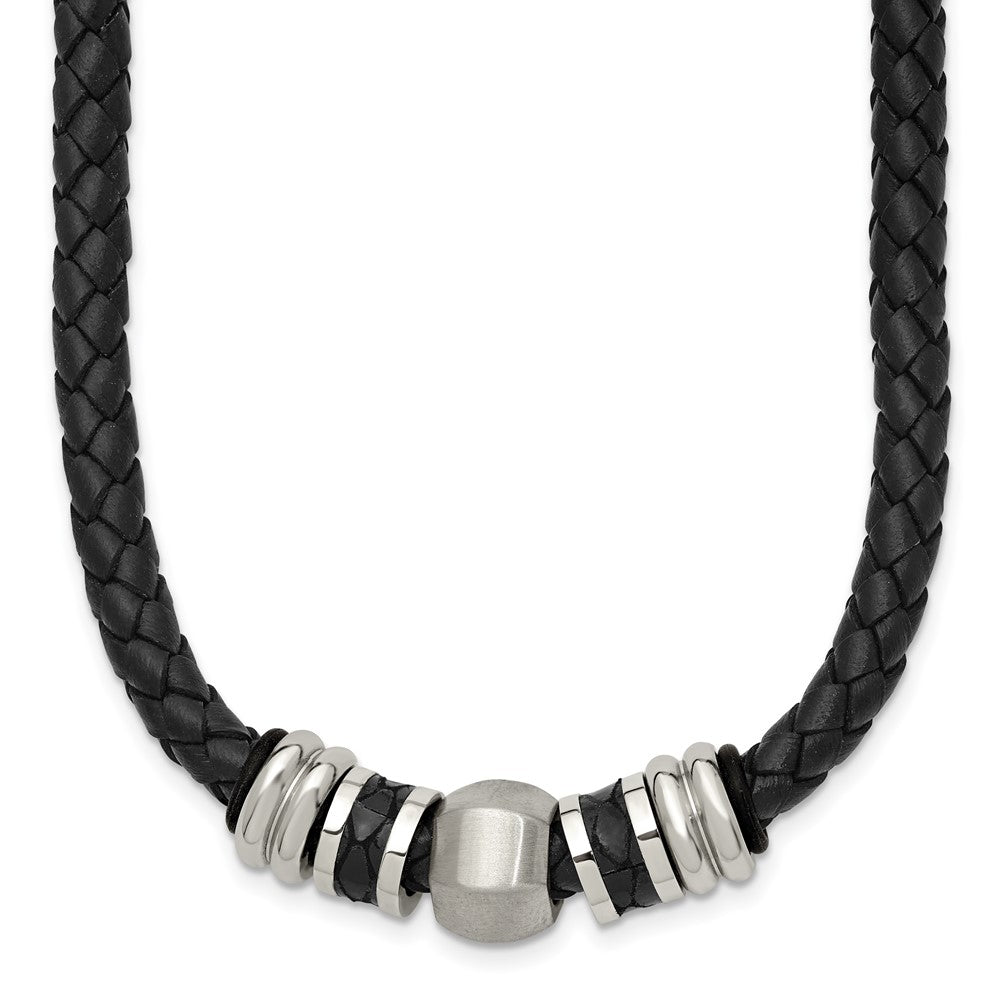 Stainless Steel Chisel Brushed And Polished Black Leather Rubber 19 Inch Necklace