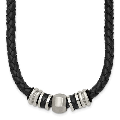 Stainless Steel Chisel Brushed And Polished Black Leather Rubber 19 Inch Necklace