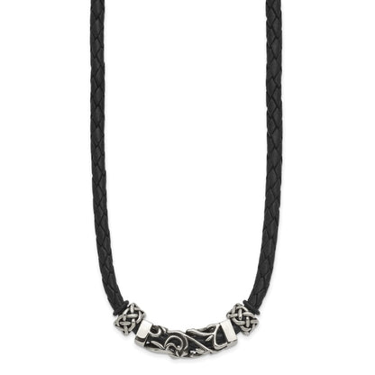 Stainless Steel Chisel Black Leather With Antiqued Beads 19.75 Inch Necklace