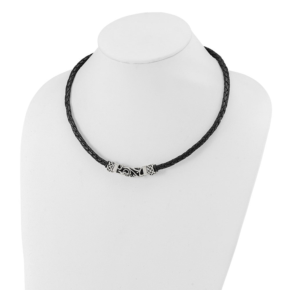 Stainless Steel Chisel Black Leather With Antiqued Beads 19.75 Inch Necklace