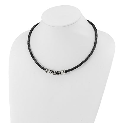 Stainless Steel Chisel Black Leather With Antiqued Beads 19.75 Inch Necklace