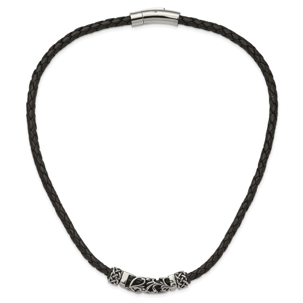 Stainless Steel Chisel Black Leather With Antiqued Beads 19.75 Inch Necklace