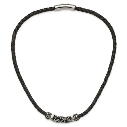 Stainless Steel Chisel Black Leather With Antiqued Beads 19.75 Inch Necklace