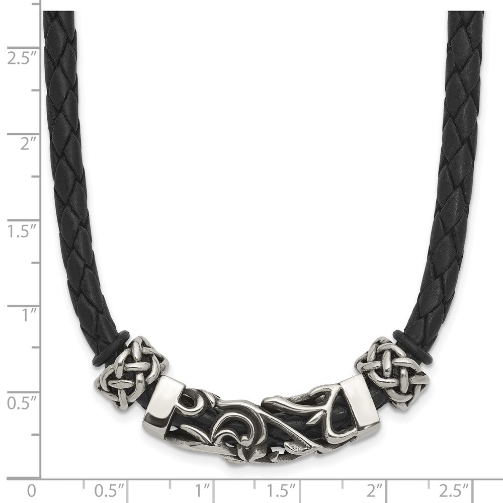 Stainless Steel Chisel Black Leather With Antiqued Beads 19.75 Inch Necklace
