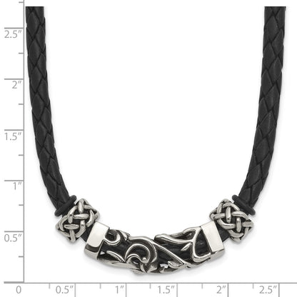 Stainless Steel Chisel Black Leather With Antiqued Beads 19.75 Inch Necklace
