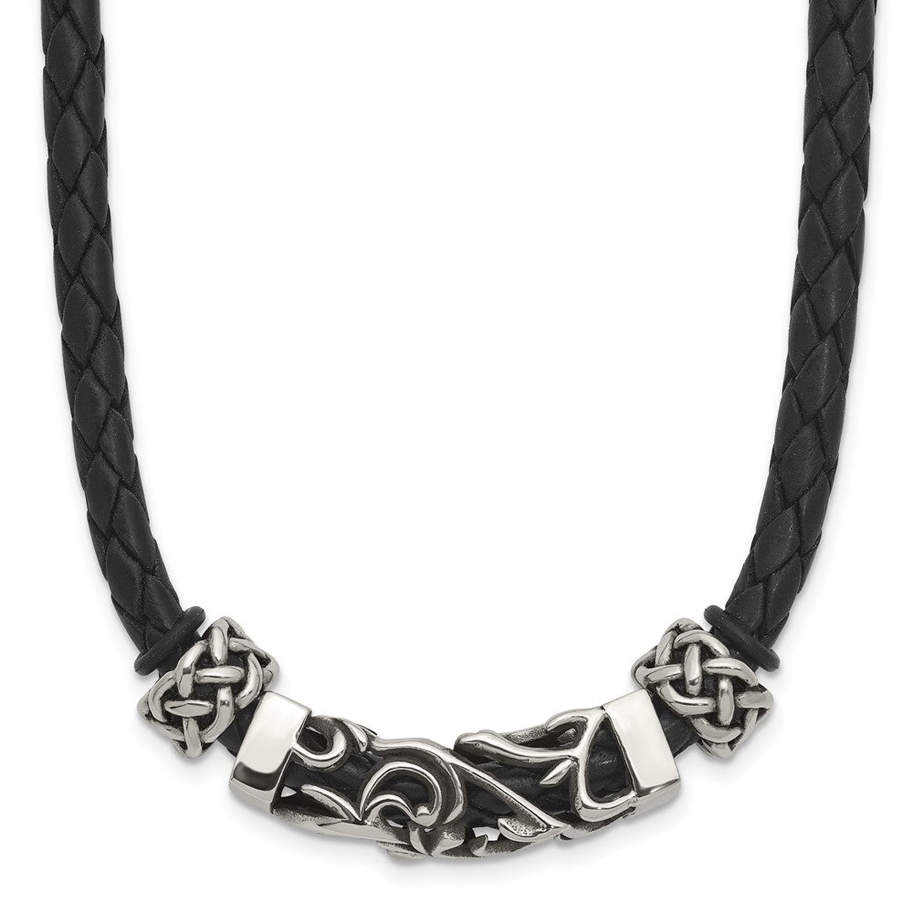 Stainless Steel Chisel Black Leather With Antiqued Beads 19.75 Inch Necklace