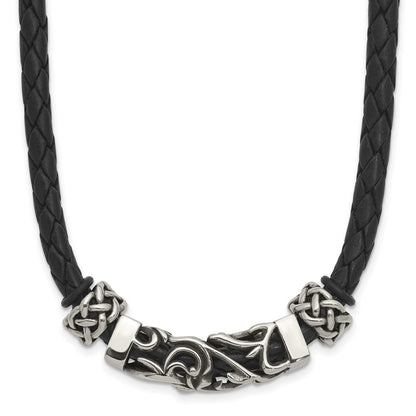 Stainless Steel Chisel Black Leather With Antiqued Beads 19.75 Inch Necklace
