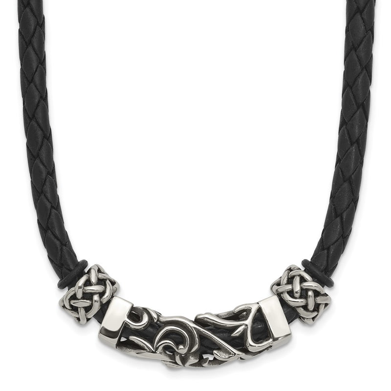 Stainless Steel Chisel Black Leather With Antiqued Beads 19.75 Inch Necklace