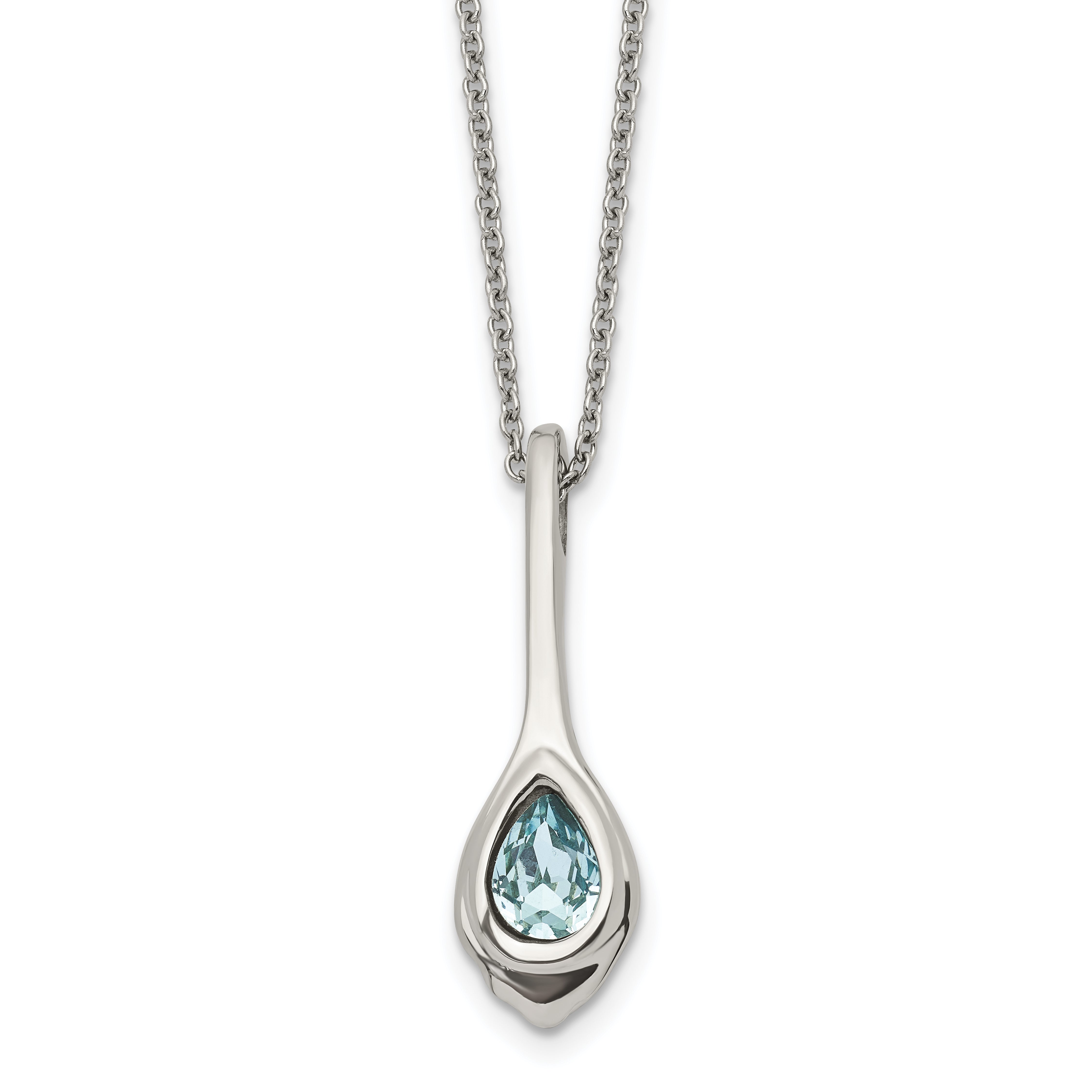 Stainless Steel Chisel Polished Blue Glass Teardrop Pendant On A 17.75 Inch Cable Chain With 2 Extension Necklace