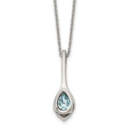 Stainless Steel Chisel Polished Blue Glass Teardrop Pendant On A 17.75 Inch Cable Chain With 2 Extension Necklace
