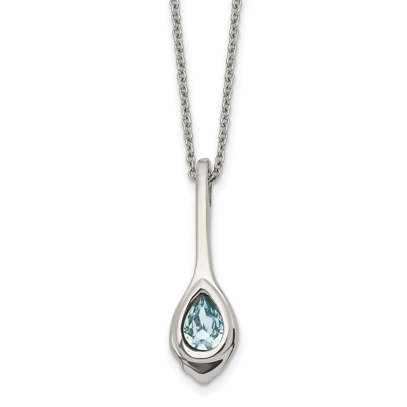 Stainless Steel Chisel Polished Blue Glass Teardrop Pendant On A 17.75 Inch Cable Chain With 2 Extension Necklace
