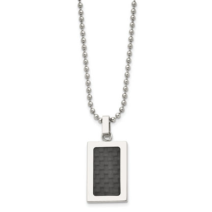 Stainless Steel 22In Polished W/Black Carbon Fiber Inlay Rectangle Necklac